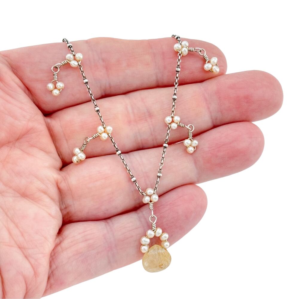 Vintage Sterling Silver 925 Freshwater Pearl Quartz Drop Necklace 16"